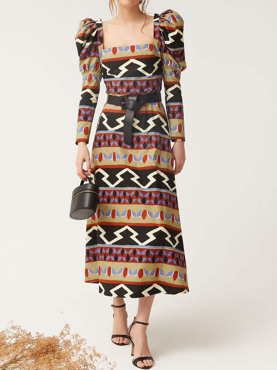 Bubble-Sleeve Square-Neck Printed Dress