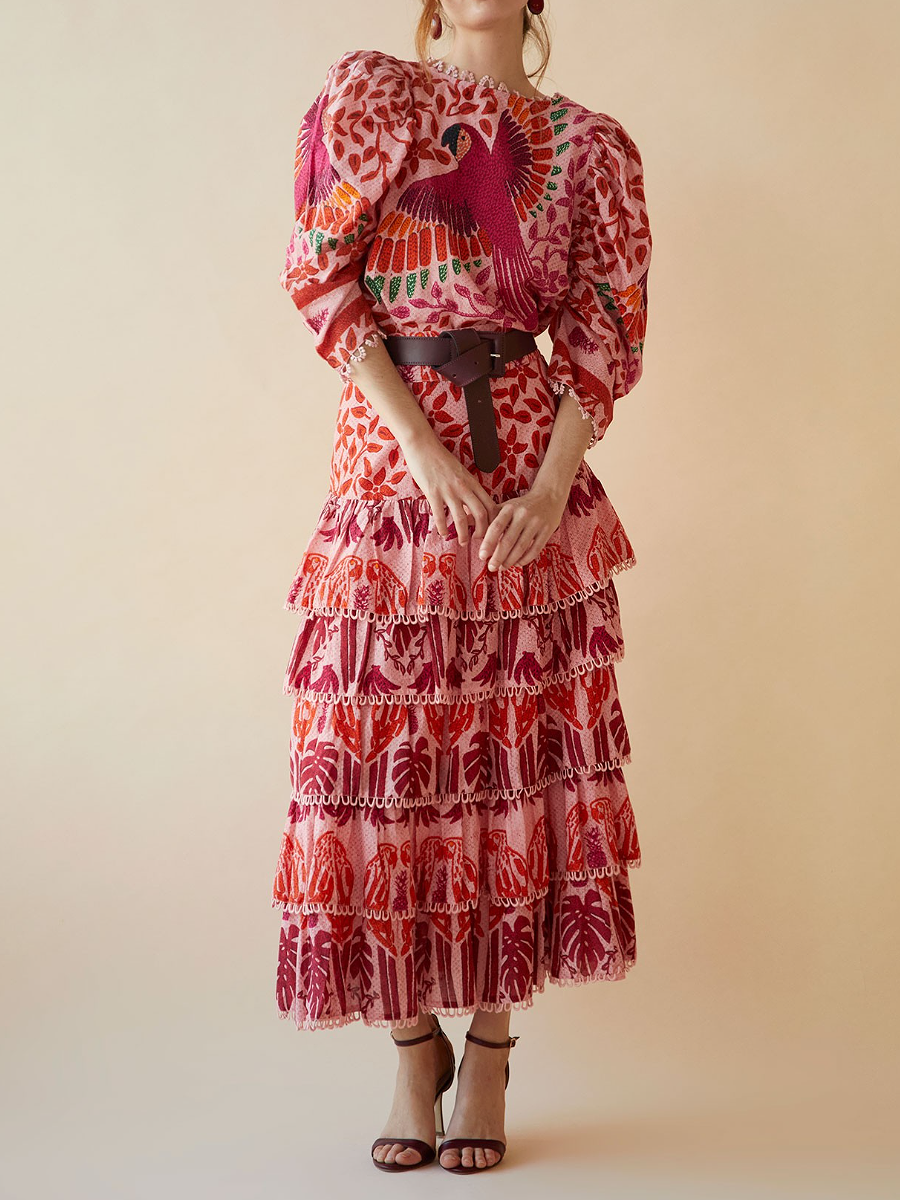 Printed Top Laminated Skirt Suit