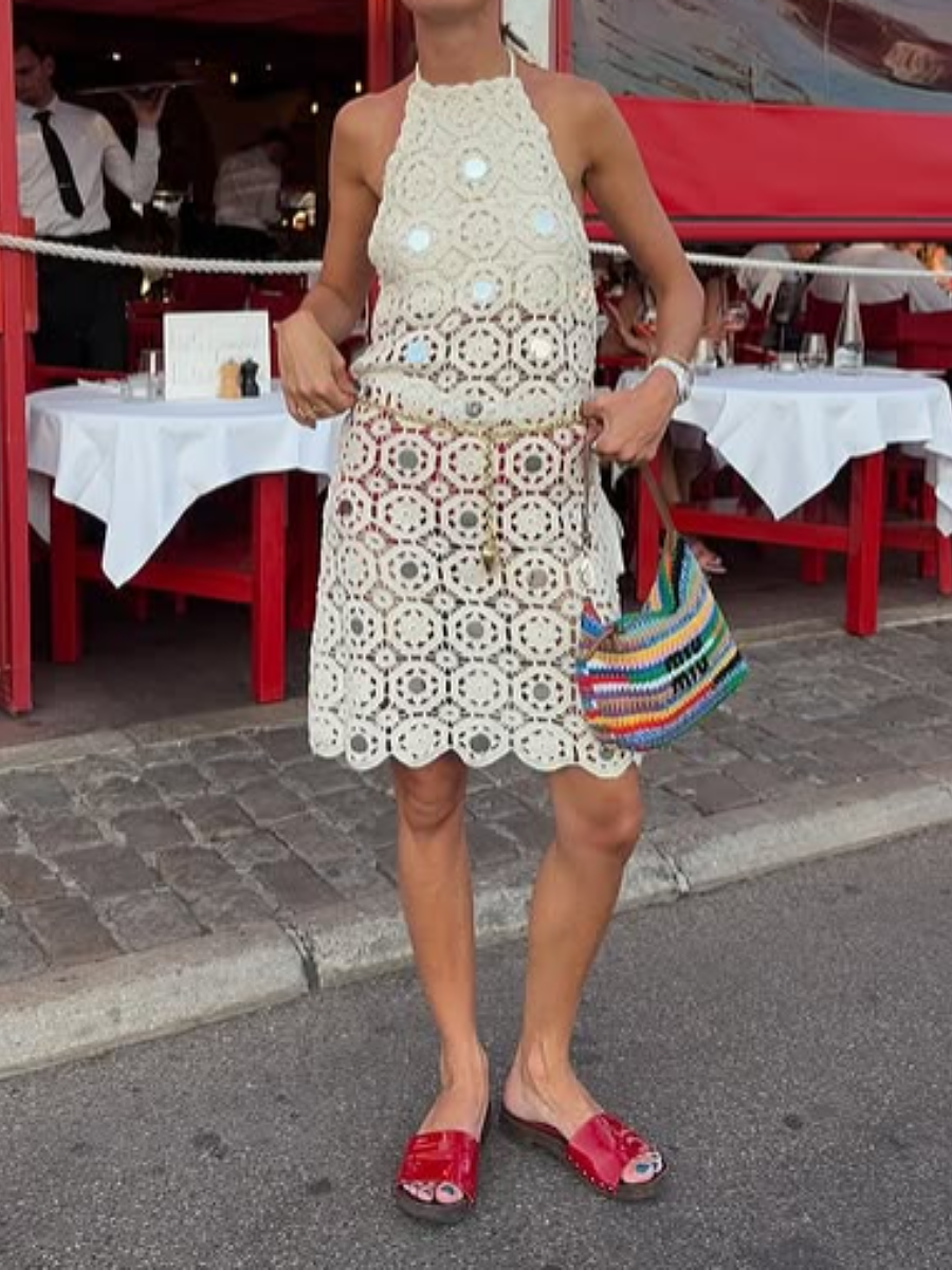 Lace Hollow Sequin Neck Mini Dress
