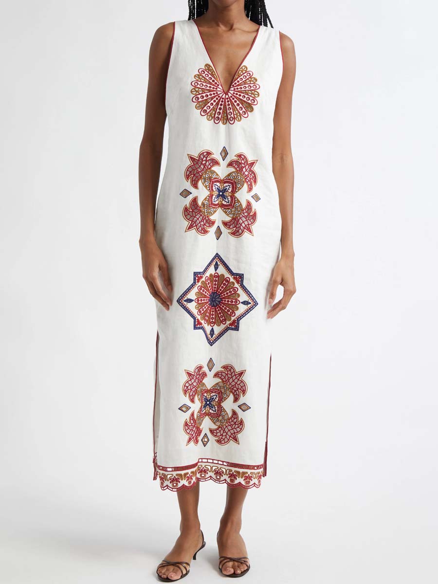 Embroidered Deep V Neck Dress