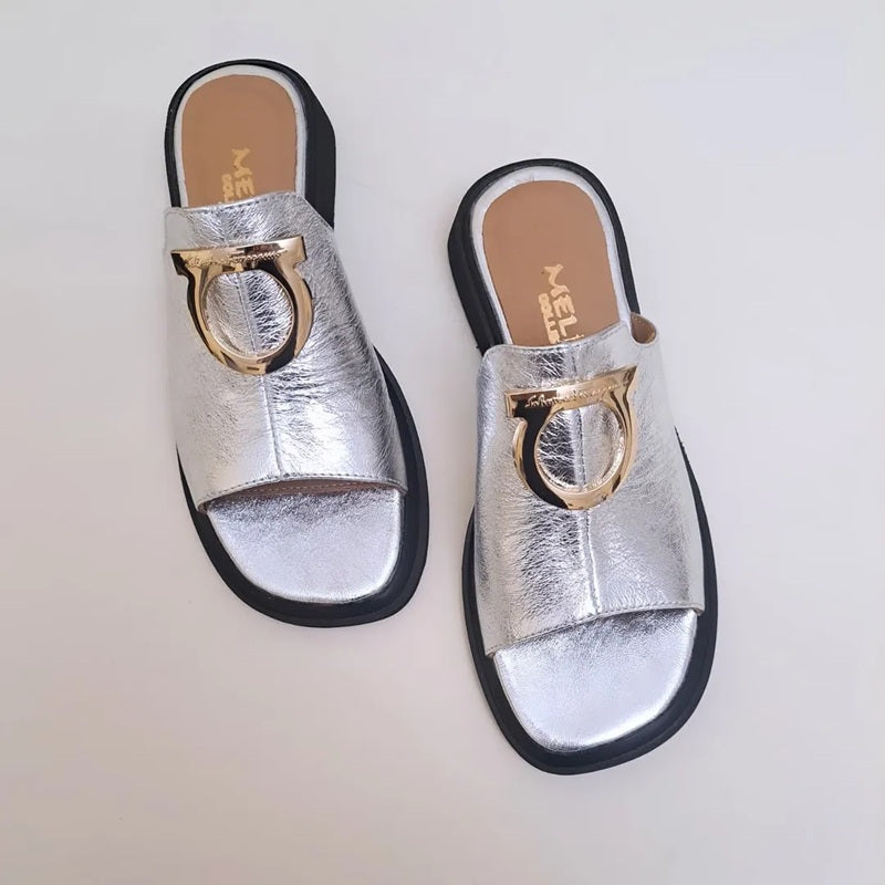Metal Buckle Silver Leather Slippers