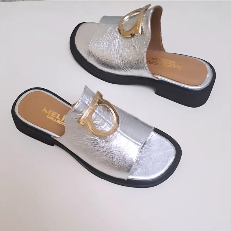 Metal Buckle Silver Leather Slippers