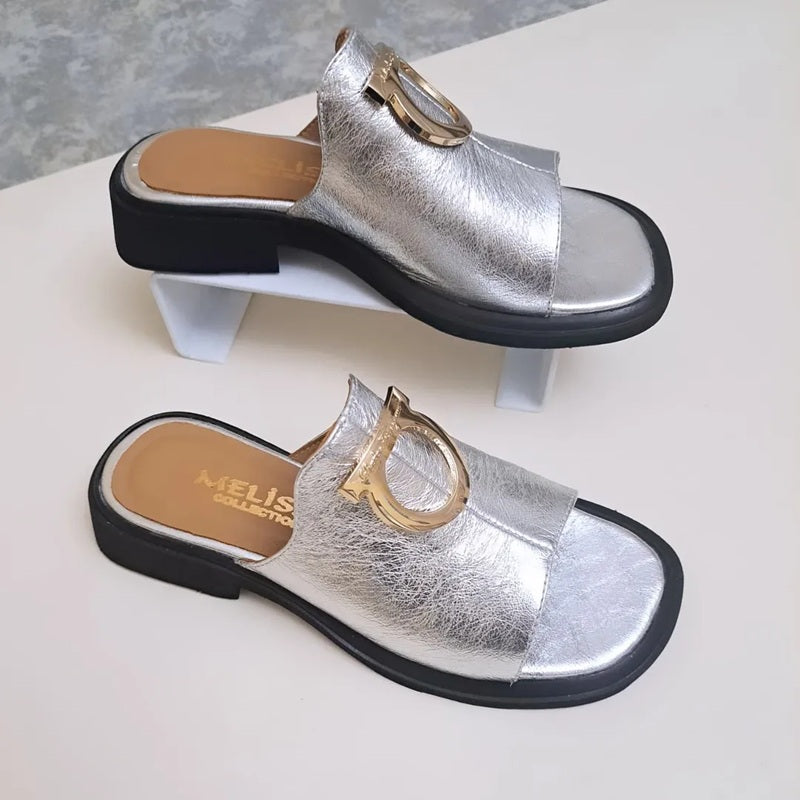 Metal Buckle Silver Leather Slippers