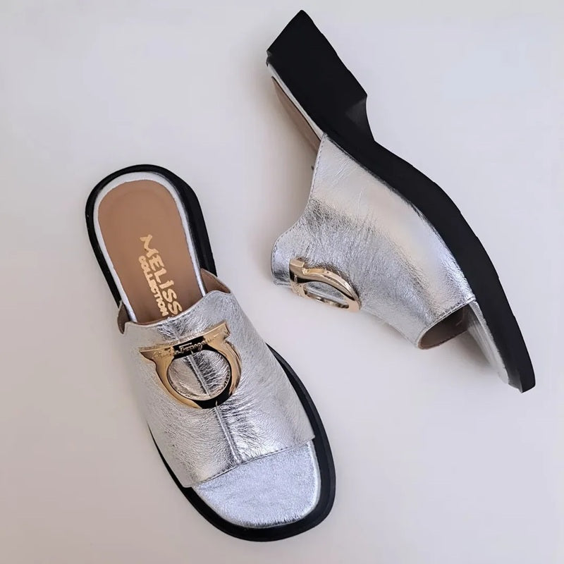 Metal Buckle Silver Leather Slippers