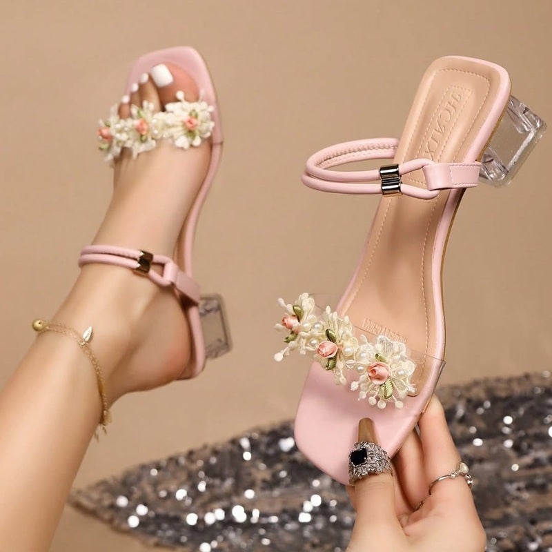 Pearl Flower Thick Heel Sandals