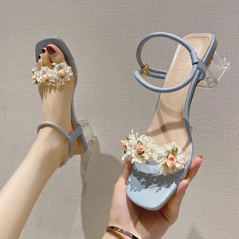 Pearl Flower Thick Heel Sandals