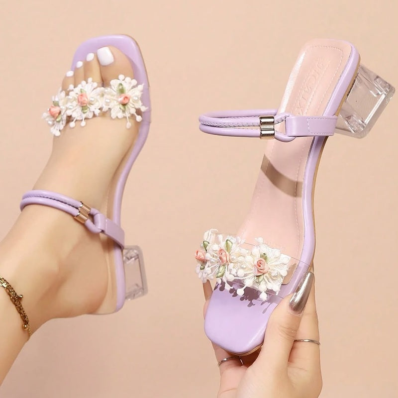 Pearl Flower Thick Heel Sandals
