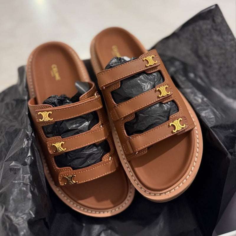 Vintage Three-row Buckle Platform Slippers