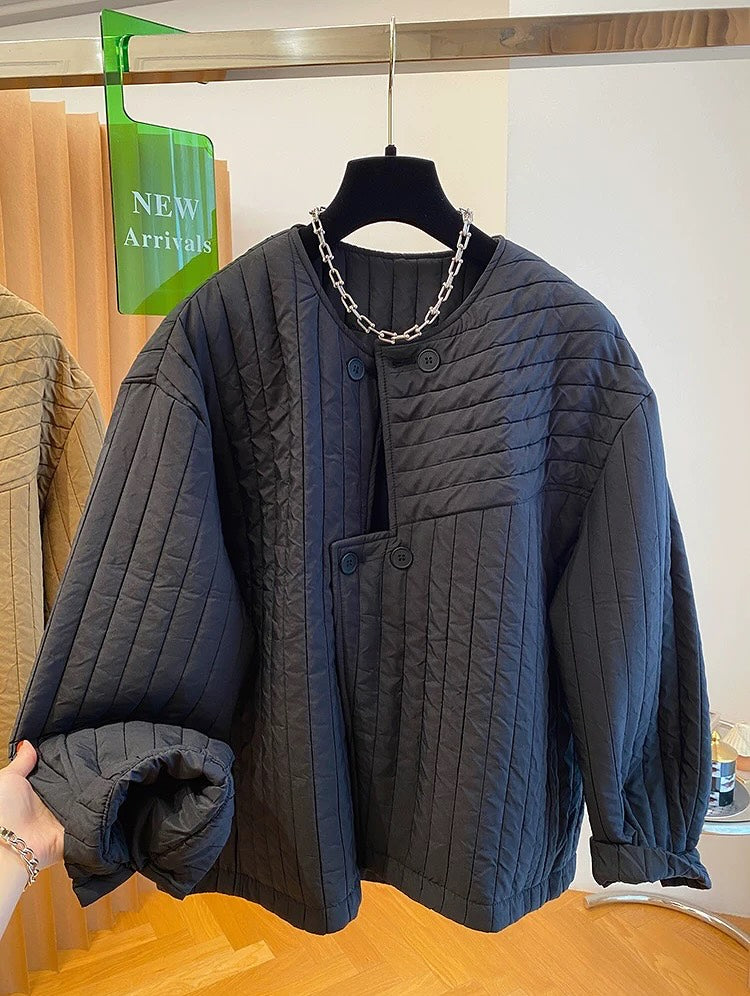 Round Neck Irregular Placket Quilted Coat