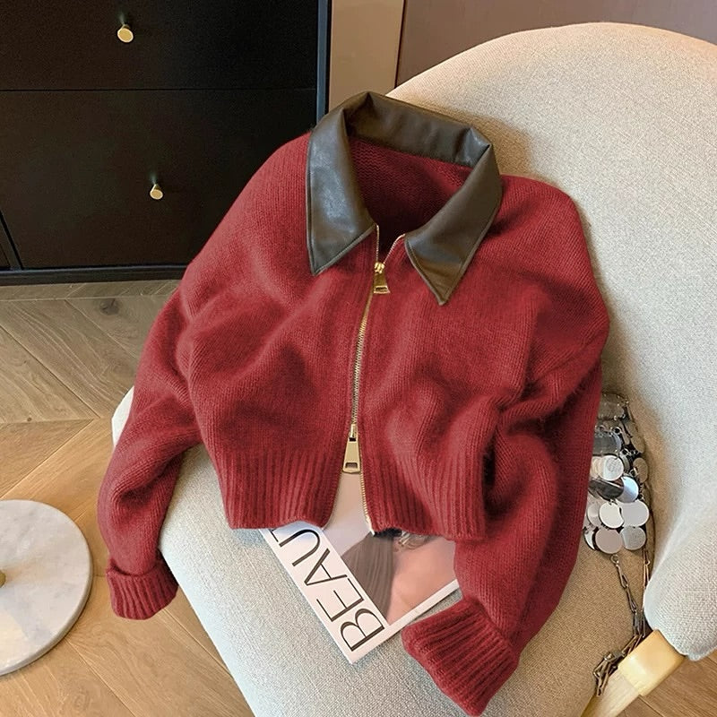 Patchwork Leather Collar Short Sweater Cardigan