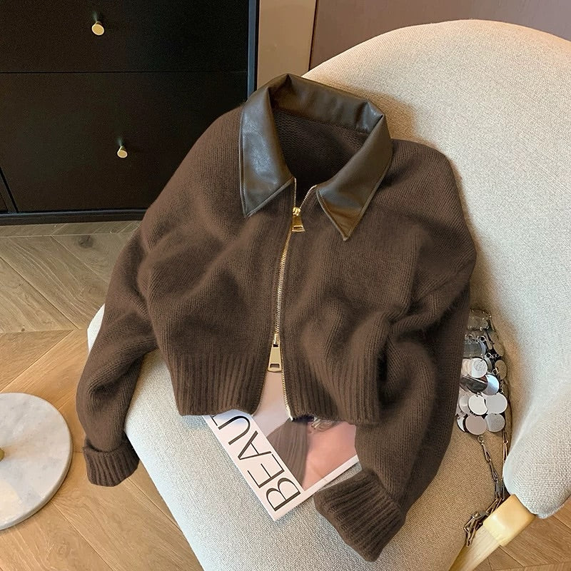 Patchwork Leather Collar Short Sweater Cardigan