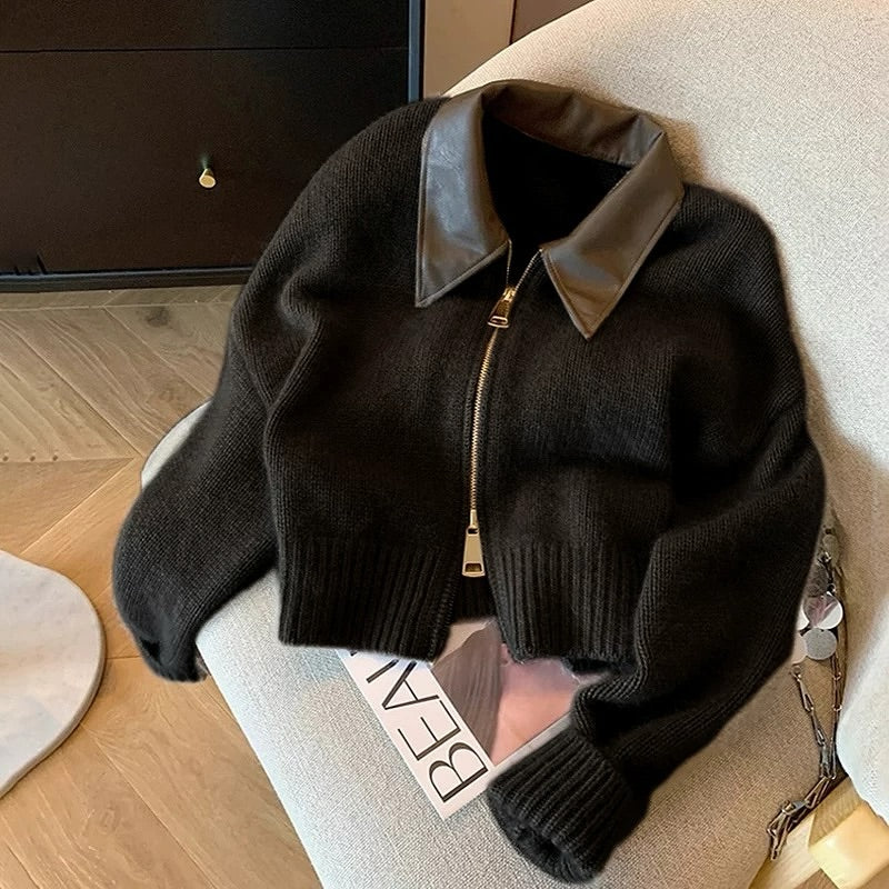 Patchwork Leather Collar Short Sweater Cardigan