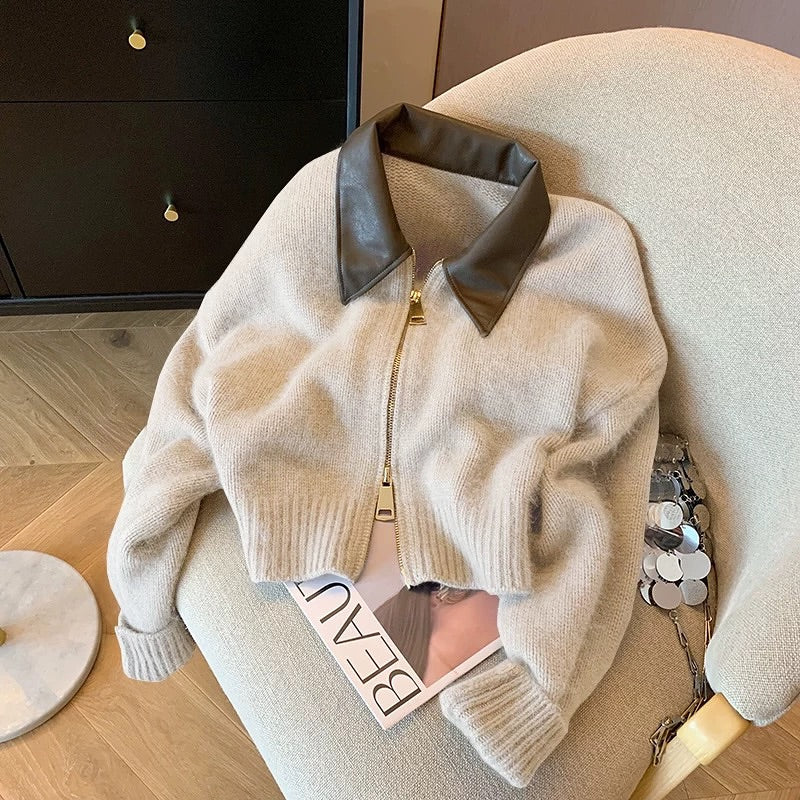 Patchwork Leather Collar Short Sweater Cardigan