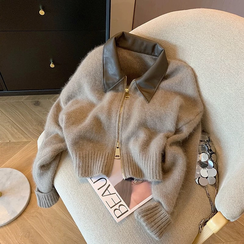 Patchwork Leather Collar Short Sweater Cardigan