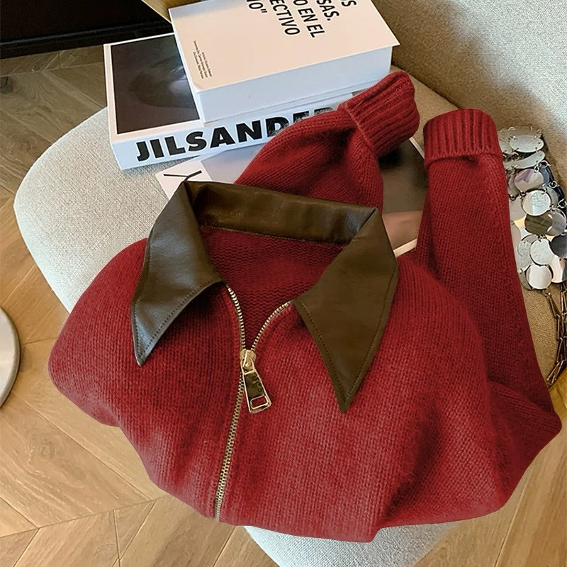 Patchwork Leather Collar Short Sweater Cardigan