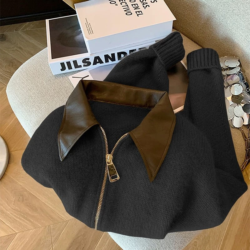 Patchwork Leather Collar Short Sweater Cardigan