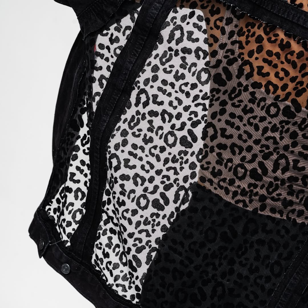 Leopard-Print Cutout Denim Patchwork Jacket