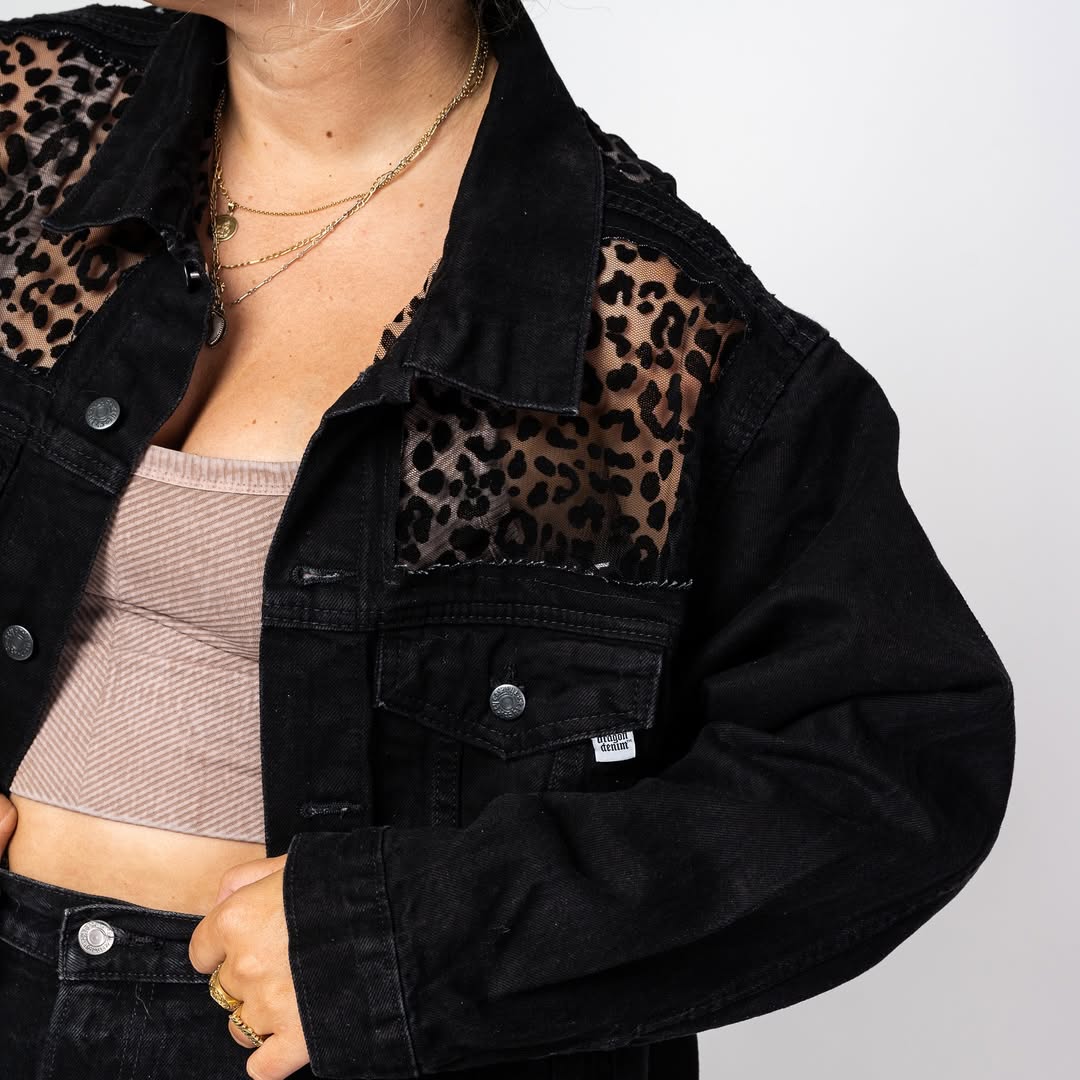 Leopard-Print Cutout Denim Patchwork Jacket