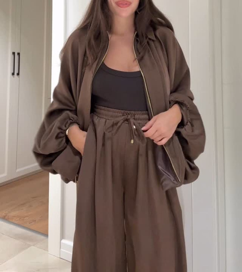 Satin Two-Piece Zip-Front Set