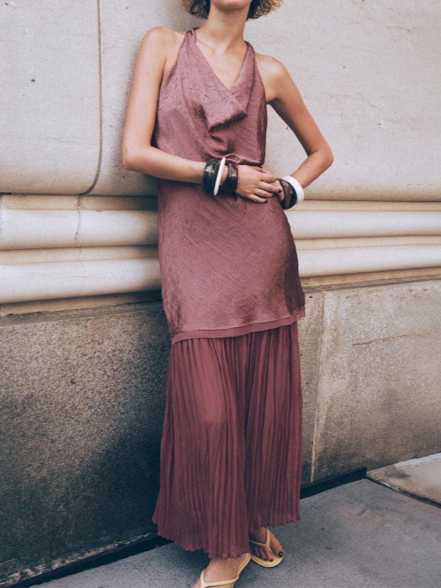 Elegant Sleeveless Patchwork Pleated Hem Dress