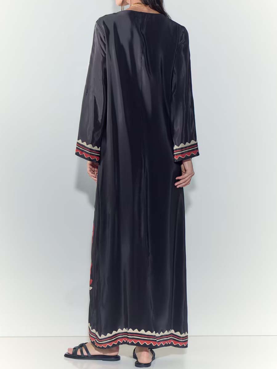Loose Satin V Neck Printed Maxi Dress