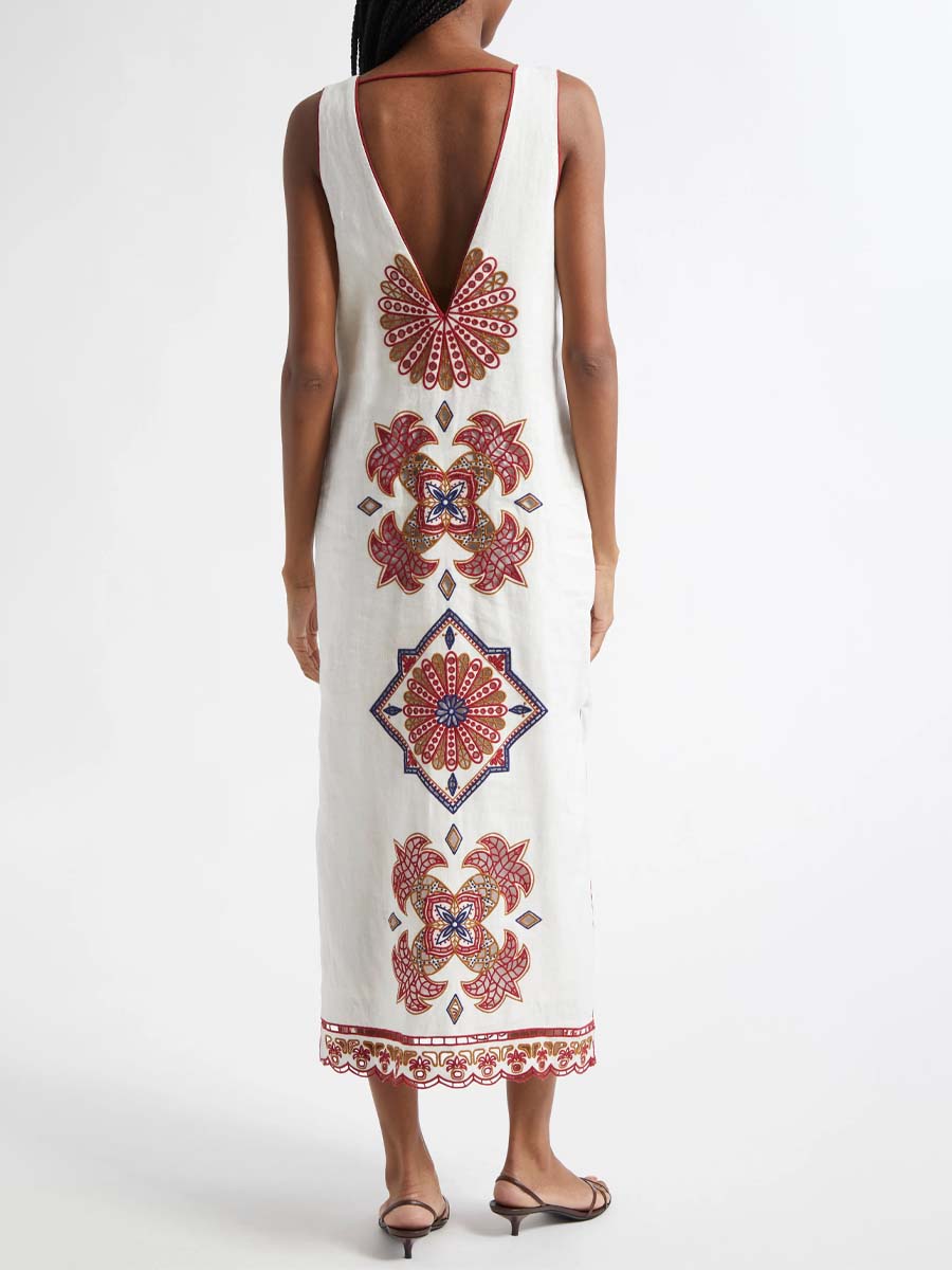 Embroidered Deep V Neck Dress