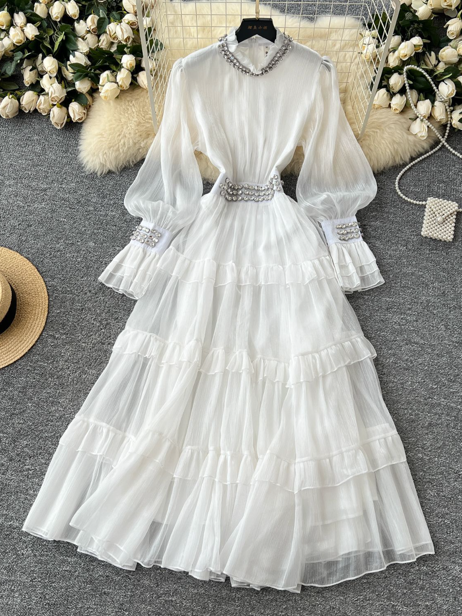 Diamond-Collar Trumpet-Sleeve Tight-Waisted Ruffled Maxi Dress