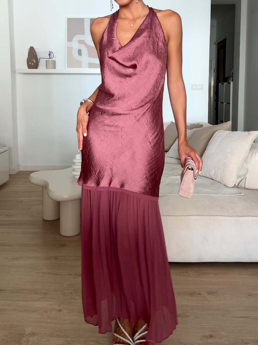 Elegant Sleeveless Patchwork Pleated Hem Dress