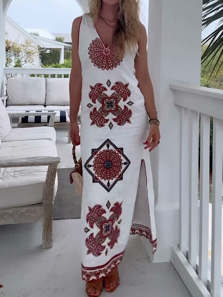 Embroidered Deep V Neck Dress