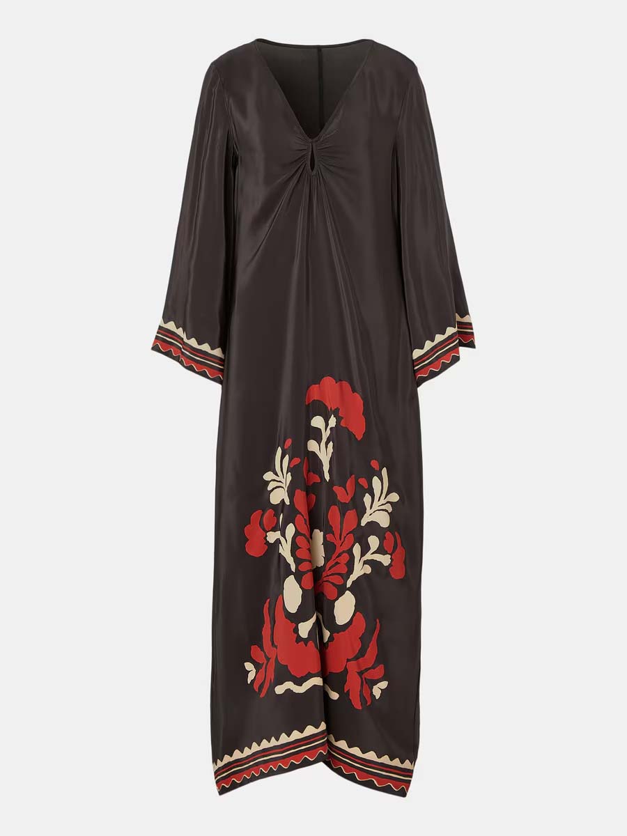 Loose Satin V Neck Printed Maxi Dress