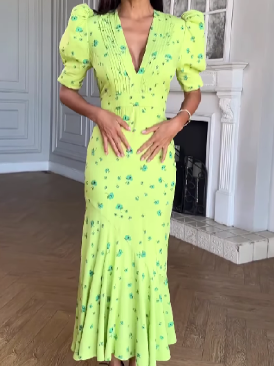 Printed V-Neck Puff Sleeve Dress
