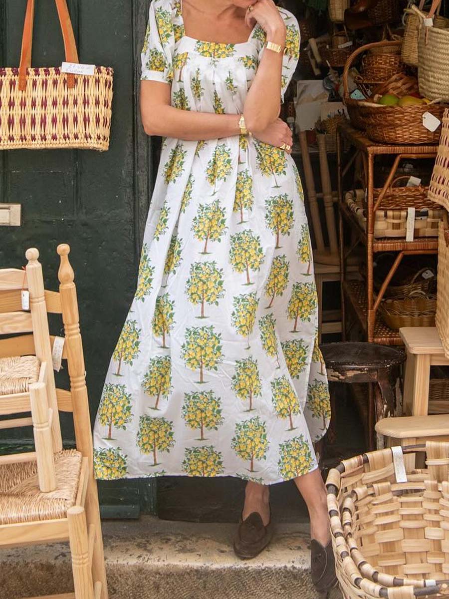 Floral Print Square Collar Loose Dress