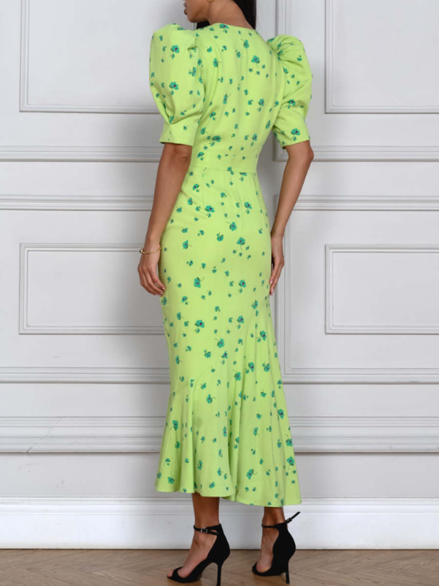 Printed V-Neck Puff Sleeve Dress