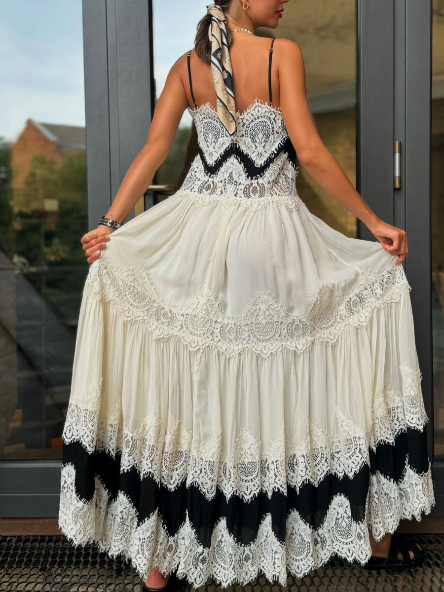 Lace Stitching Black And White Contrast Waist Strap Dress