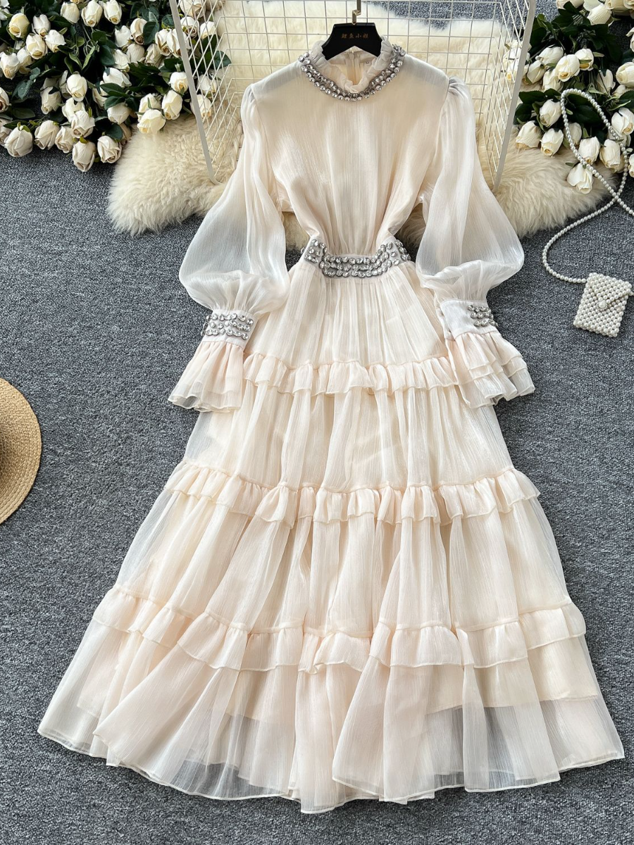 Diamond-Collar Trumpet-Sleeve Tight-Waisted Ruffled Maxi Dress