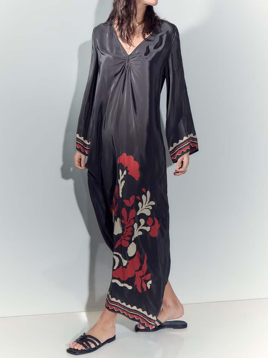 Loose Satin V Neck Printed Maxi Dress