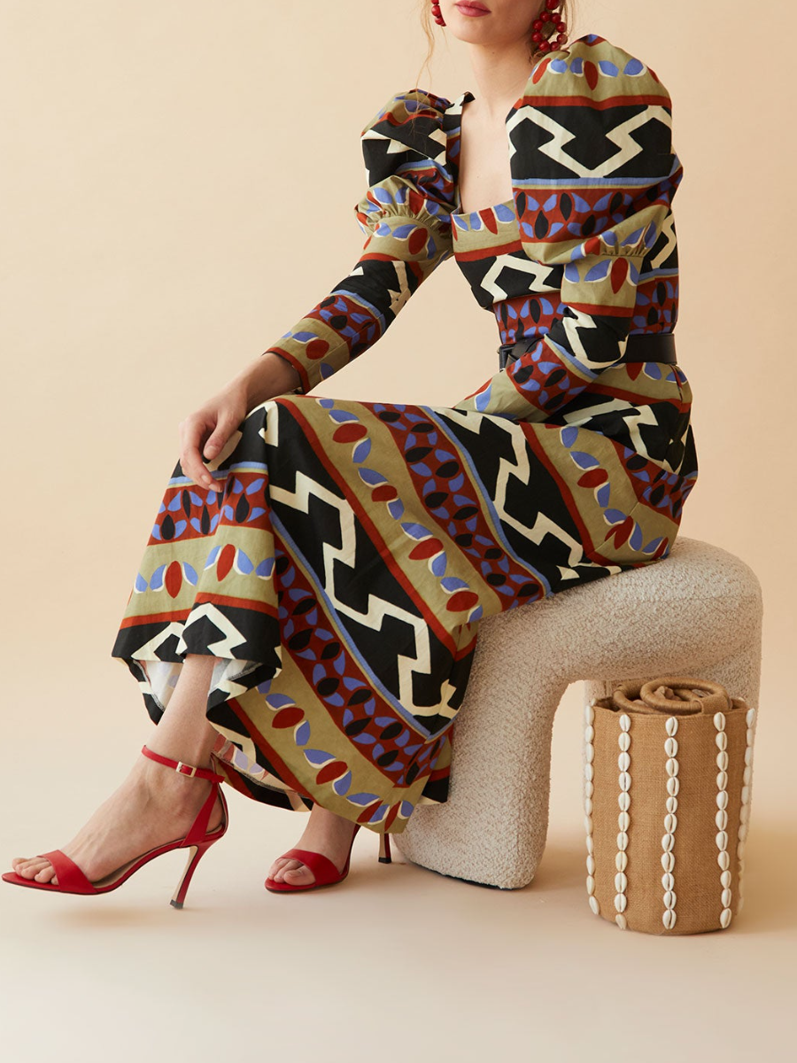 Bubble-Sleeve Square-Neck Printed Dress