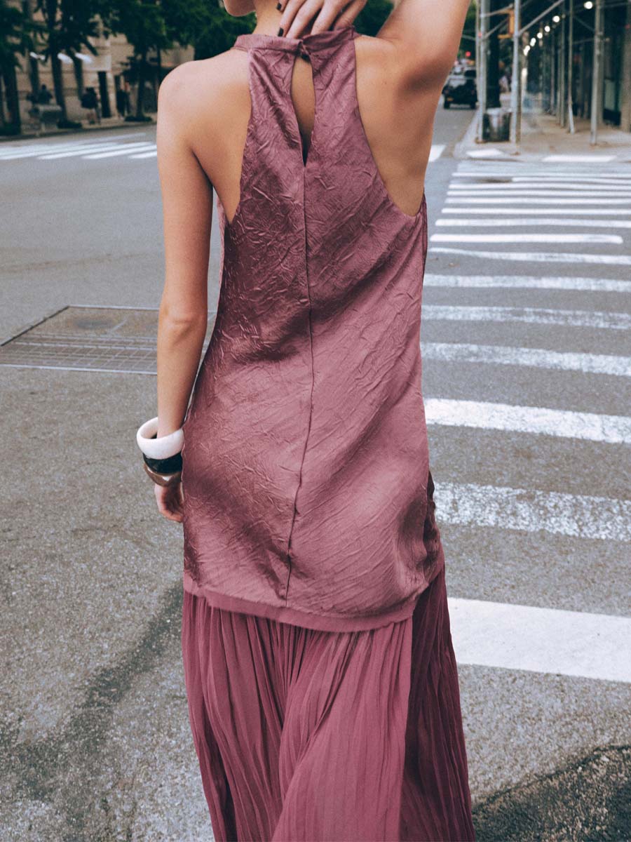 Elegant Sleeveless Patchwork Pleated Hem Dress