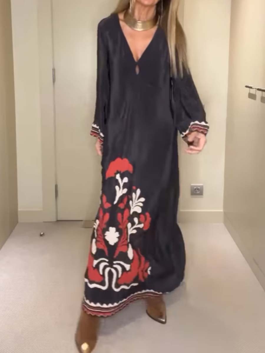 Loose Satin V Neck Printed Maxi Dress