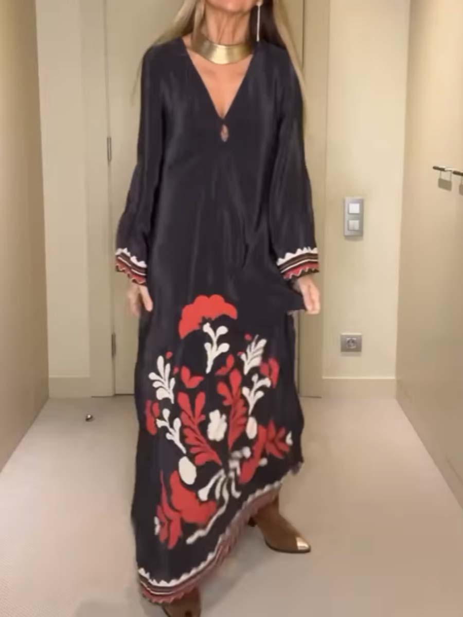 Loose Satin V Neck Printed Maxi Dress