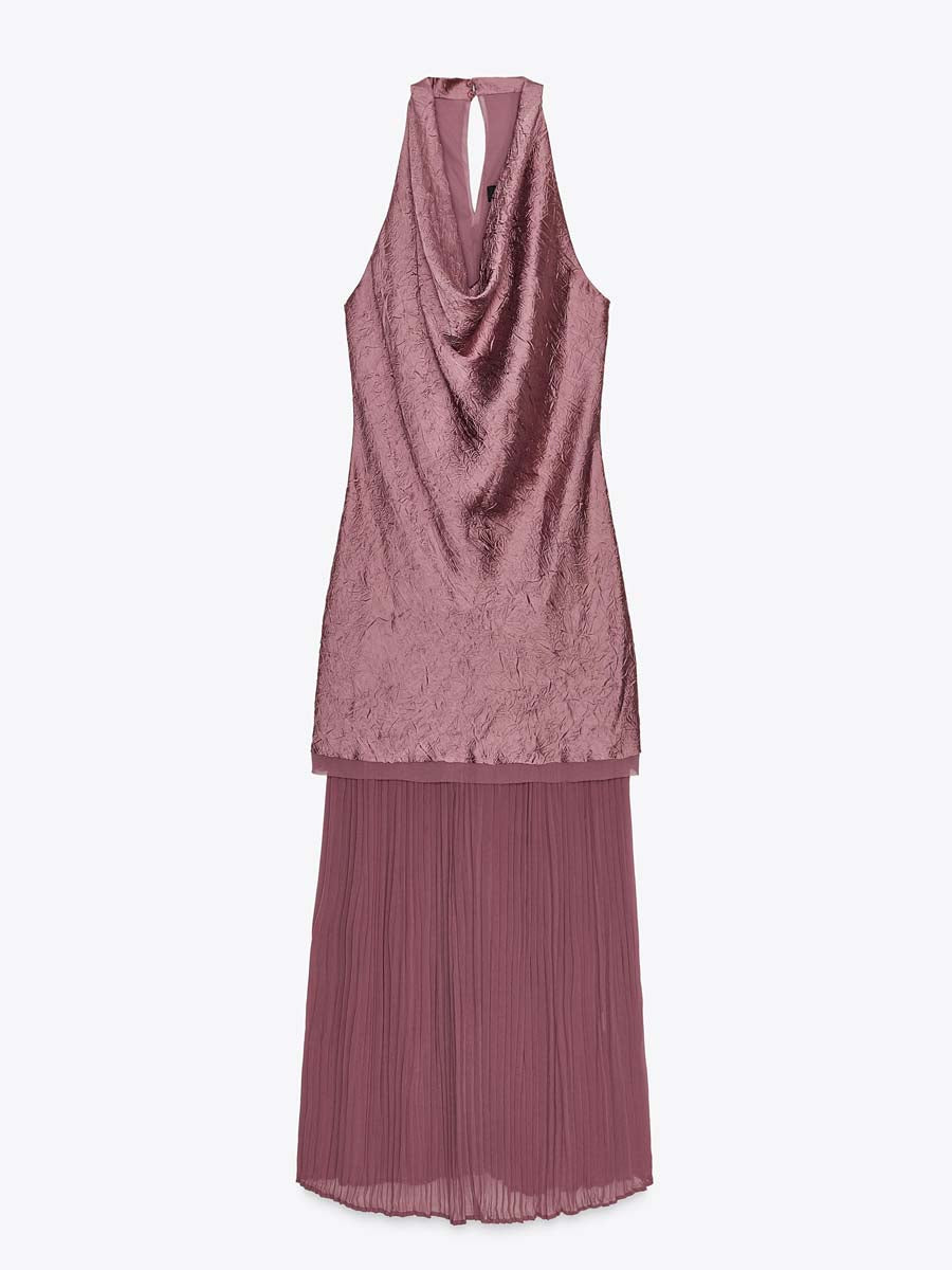 Elegant Sleeveless Patchwork Pleated Hem Dress