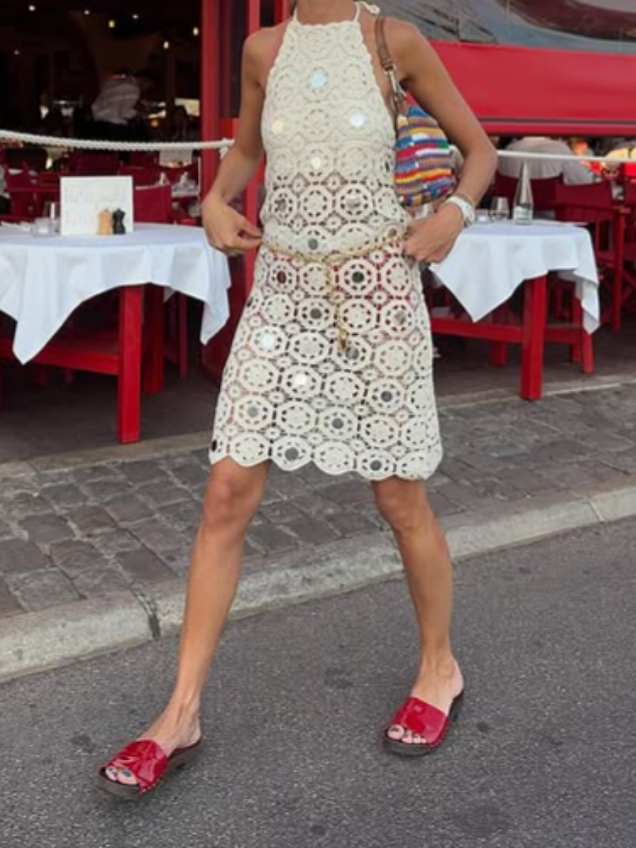 Lace Hollow Sequin Neck Mini Dress
