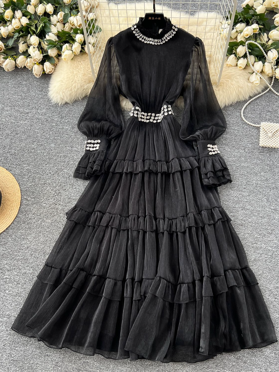 Diamond-Collar Trumpet-Sleeve Tight-Waisted Ruffled Maxi Dress
