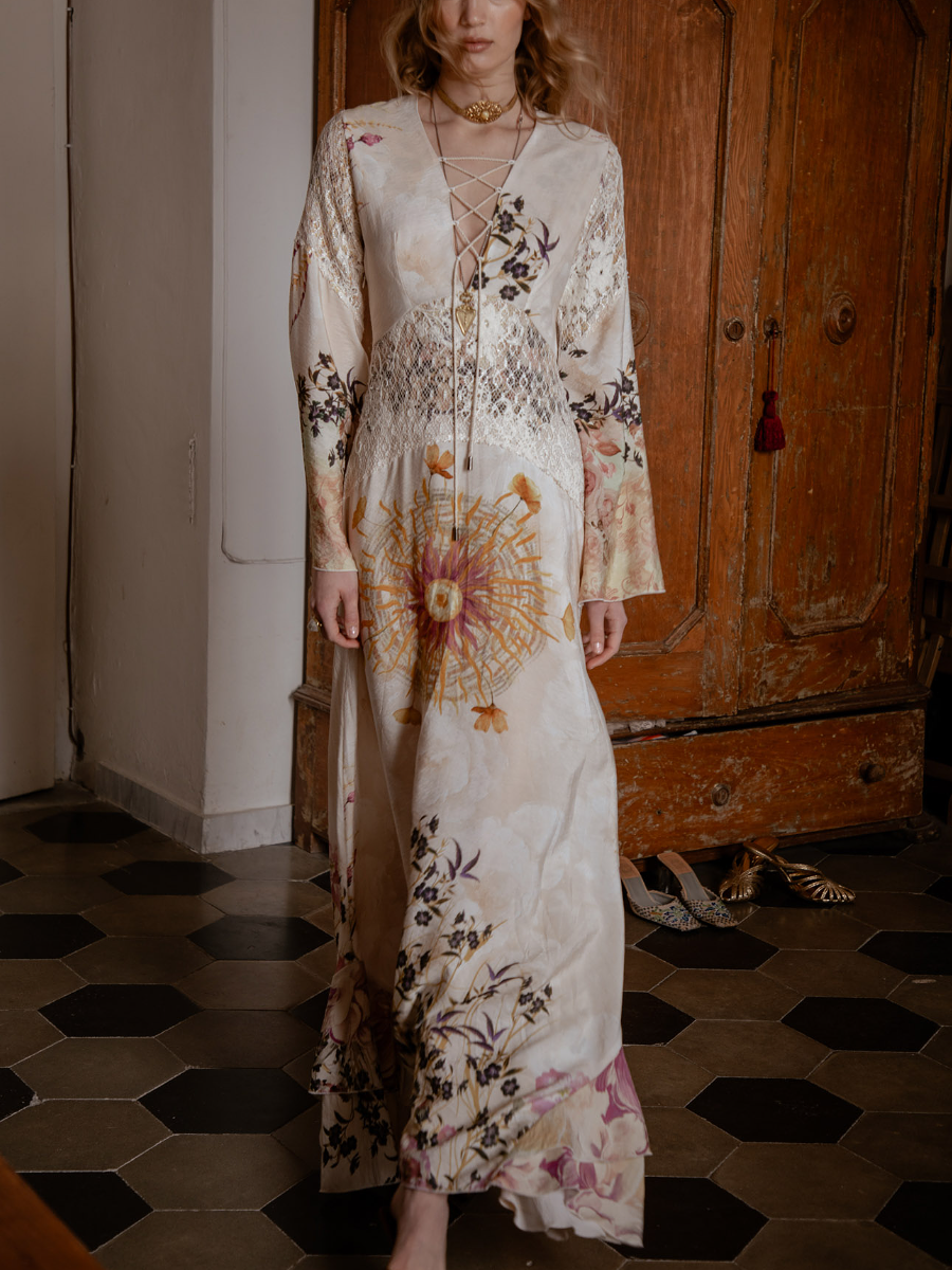 Deep V Printed Maxi Dress