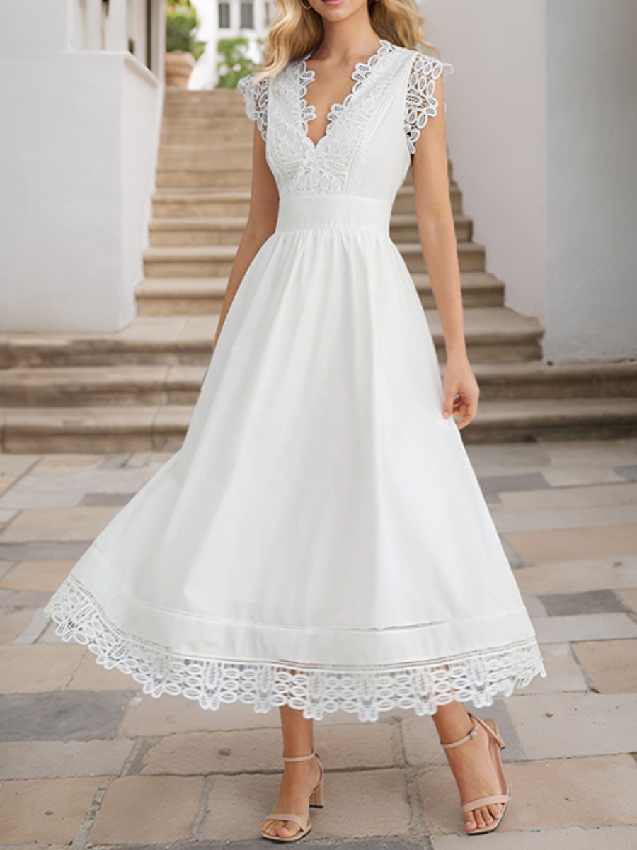 Lace-Trimmed Solid V-Neck Dress