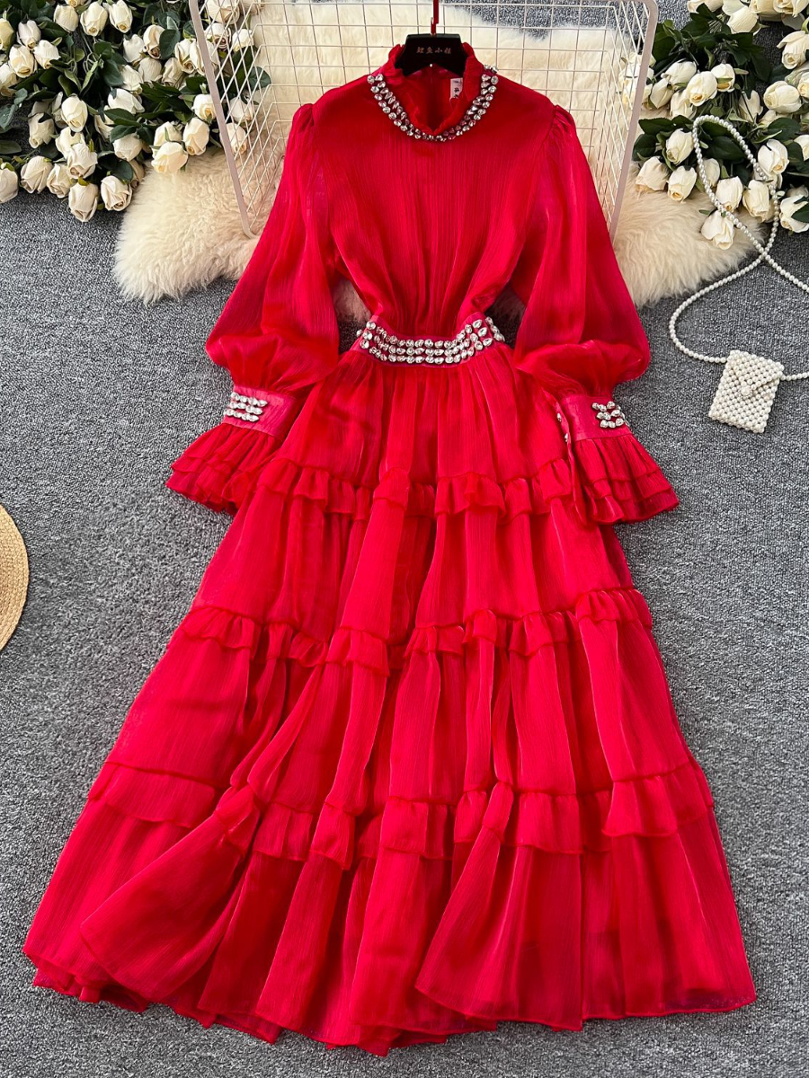 Diamond-Collar Trumpet-Sleeve Tight-Waisted Ruffled Maxi Dress