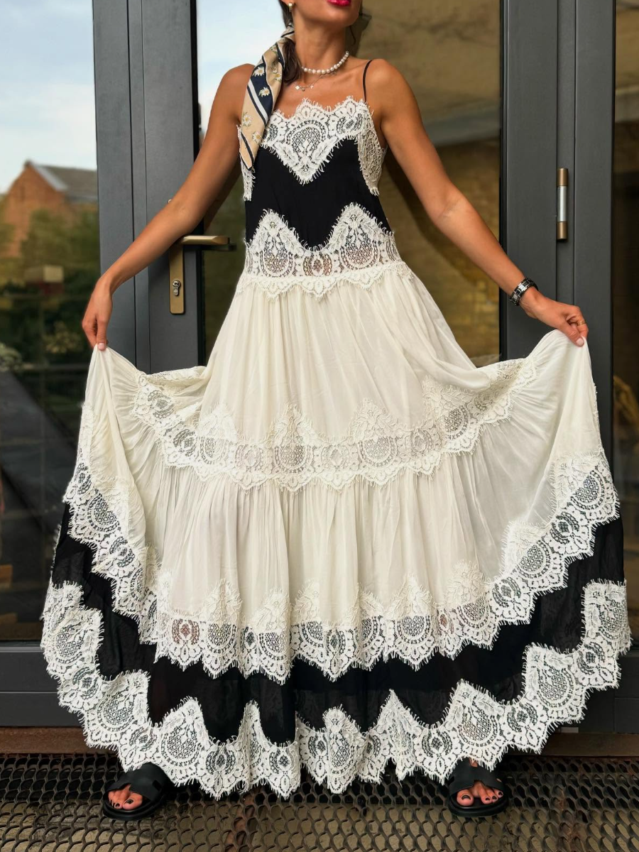 Lace Stitching Black And White Contrast Waist Strap Dress