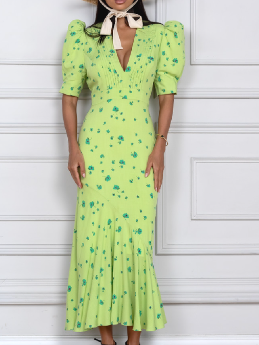 Printed V-Neck Puff Sleeve Dress
