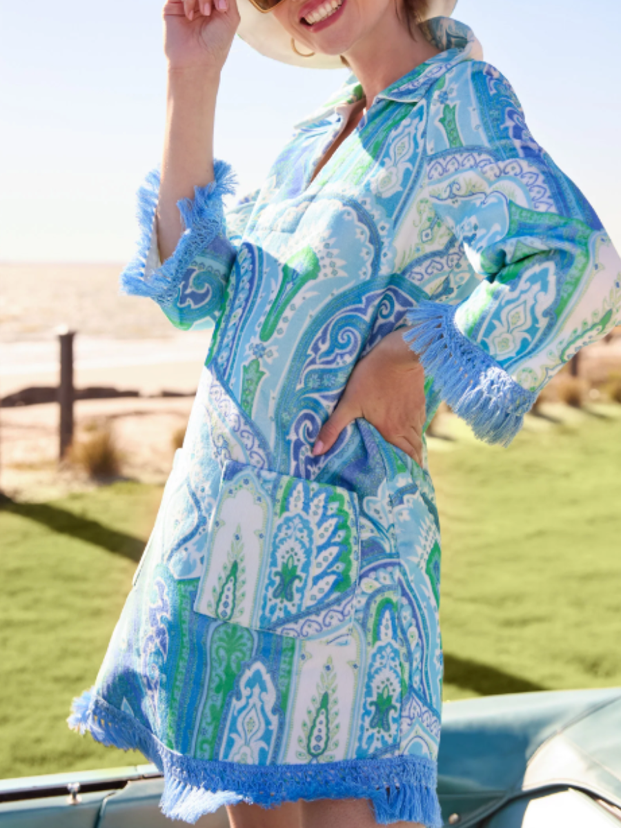V-Neck Printed Tassel Mini Dress