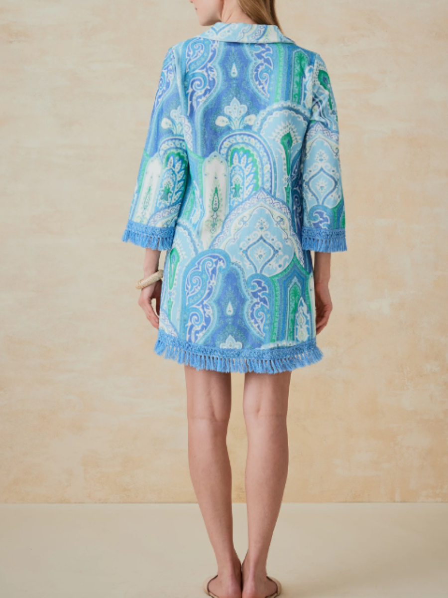 V-Neck Printed Tassel Mini Dress